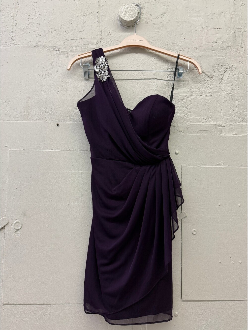 True vintage Xscape Purple One-Shoulder Cocktail Dress with Rhinestone Detail